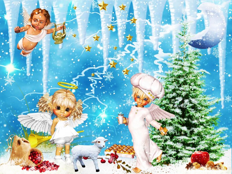 Three Angels in Winter Scene — Blue
