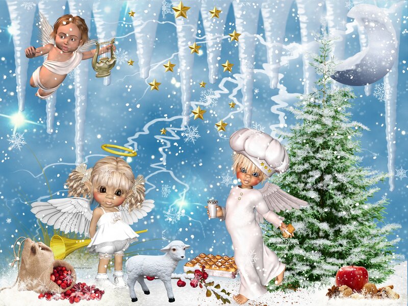 Three Angels in Winter Scene