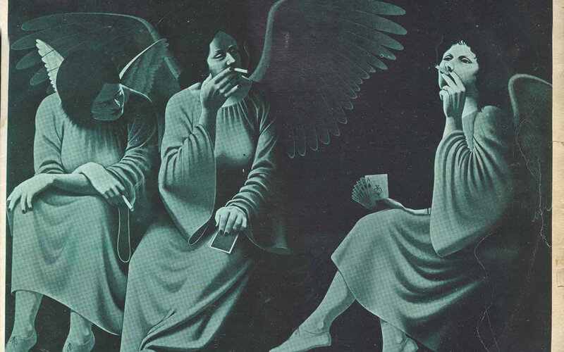 Three angels with cards and cigarettes