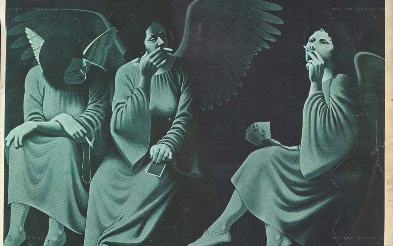 Three angels with cards and cigarettes