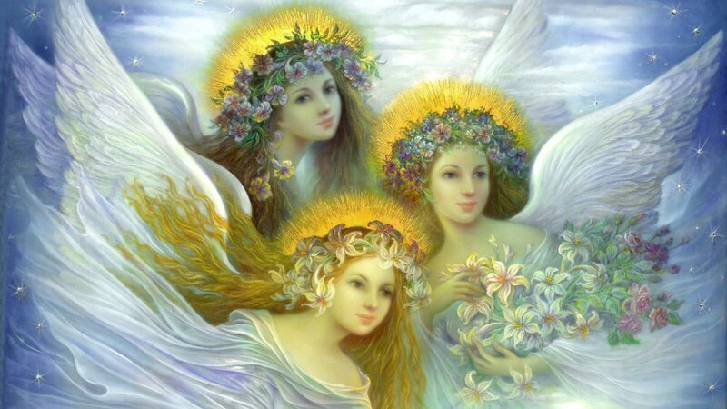 Three Angels with Flowers — Blue, Serene, Night