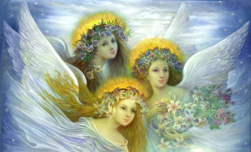 Three Angels with Flowers — Blue, Serene