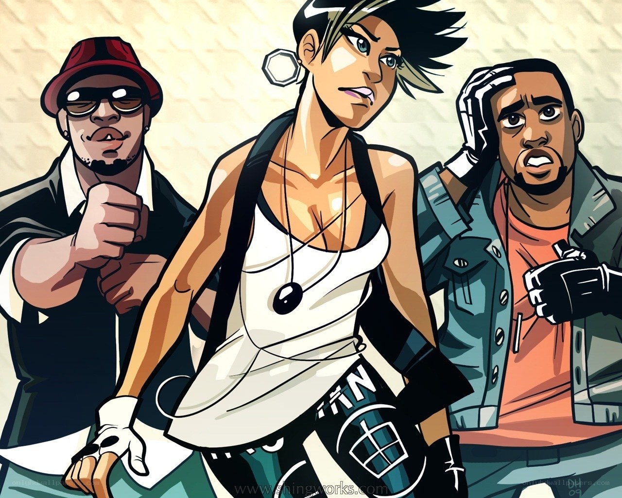 three animated characters in urban style