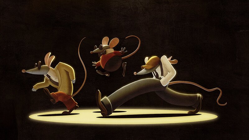 Three animated mice dancing