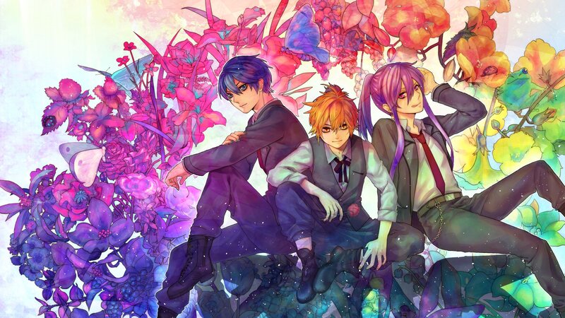 three anime boys in a floral garden