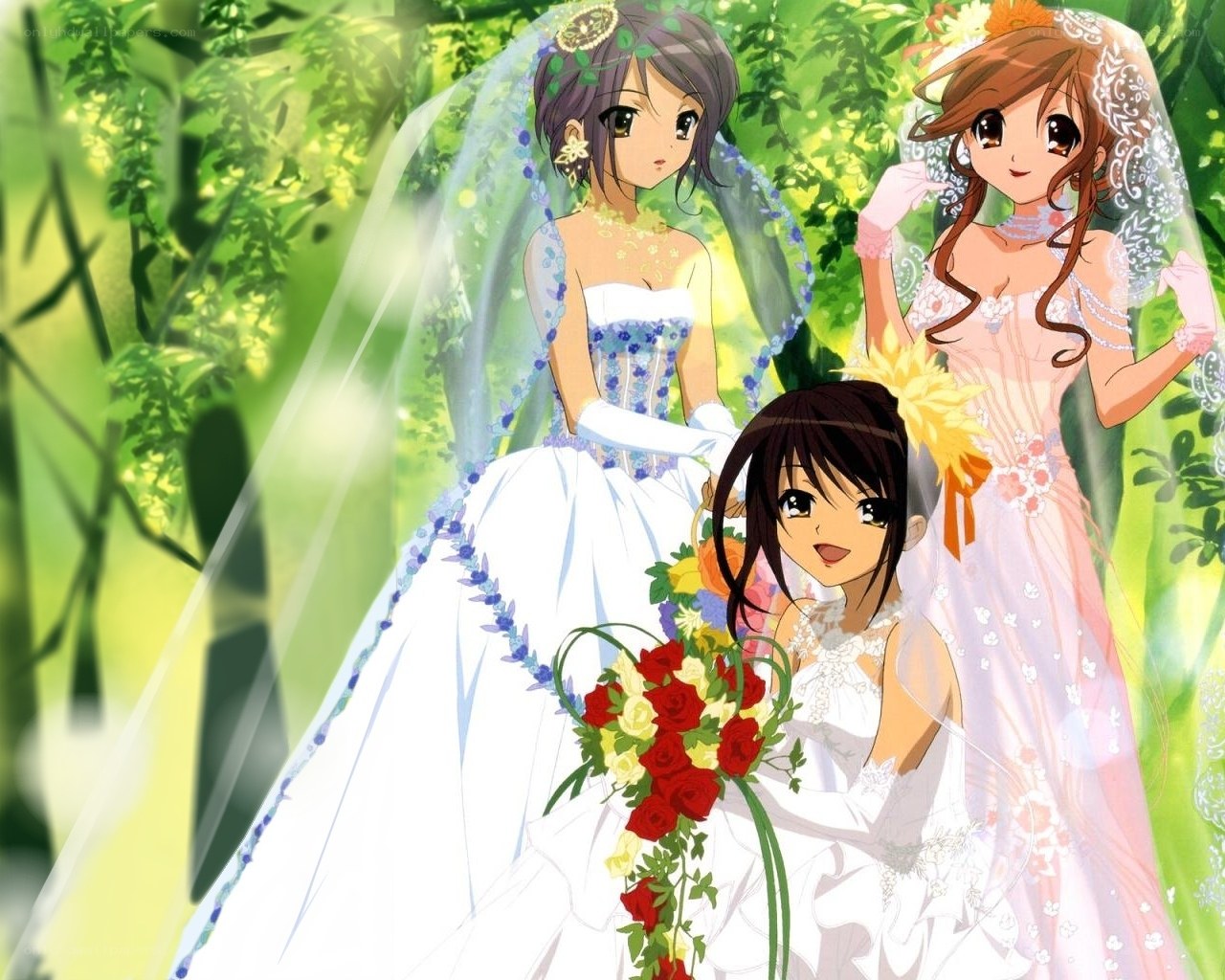 Three anime brides in a garden
