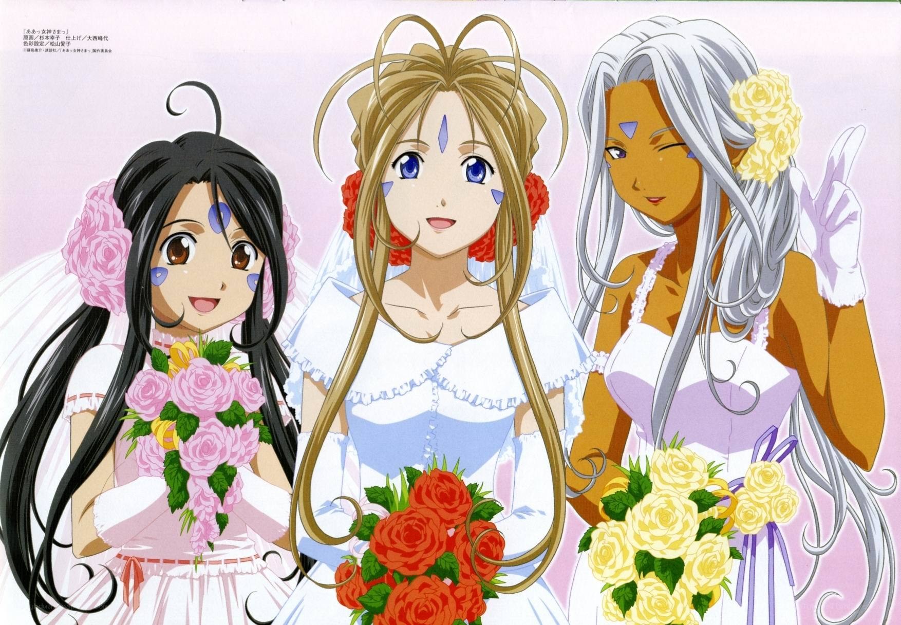 Three anime brides in wedding dresses