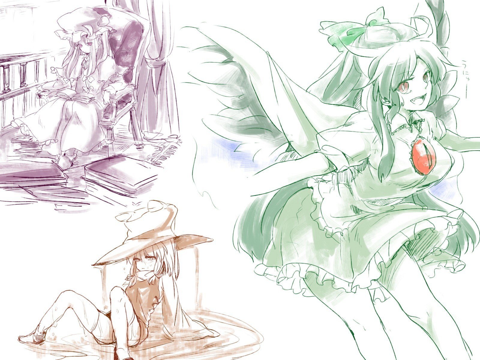 Three anime character sketches