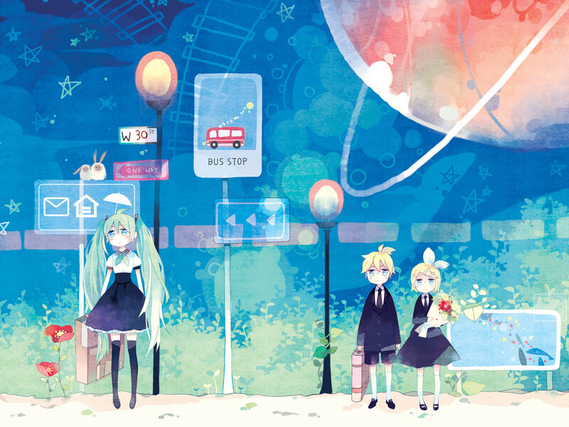 Three Anime Characters at Bus Stop