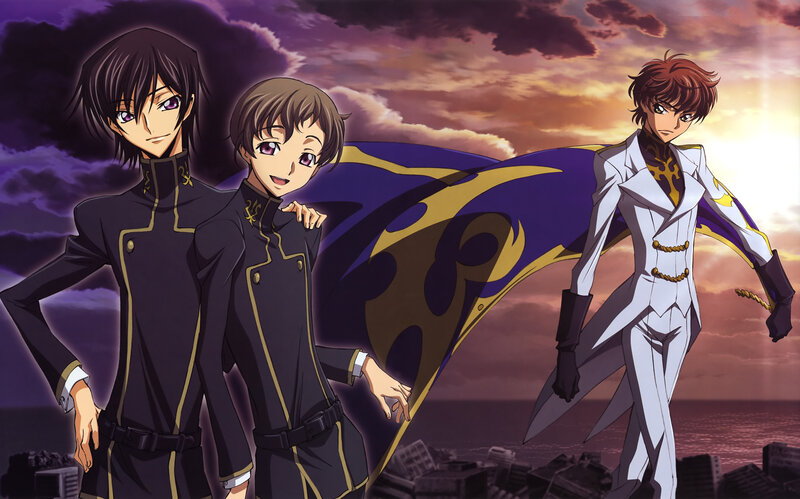 three anime characters at sunset