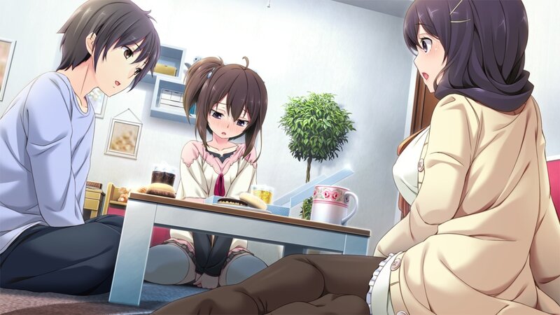 Three Anime Characters at Table — Brown