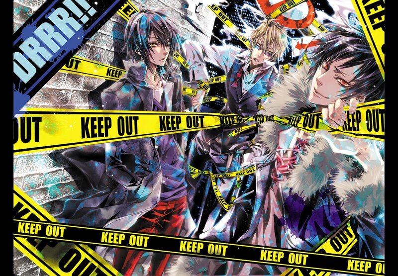 Three anime characters behind caution tape