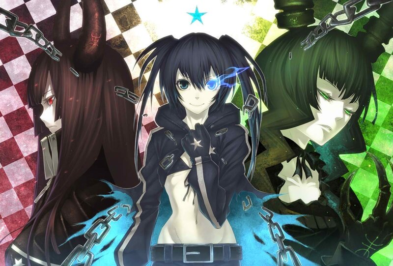 Three Anime Characters — Black, Dramatic, Chains, Checkered Background