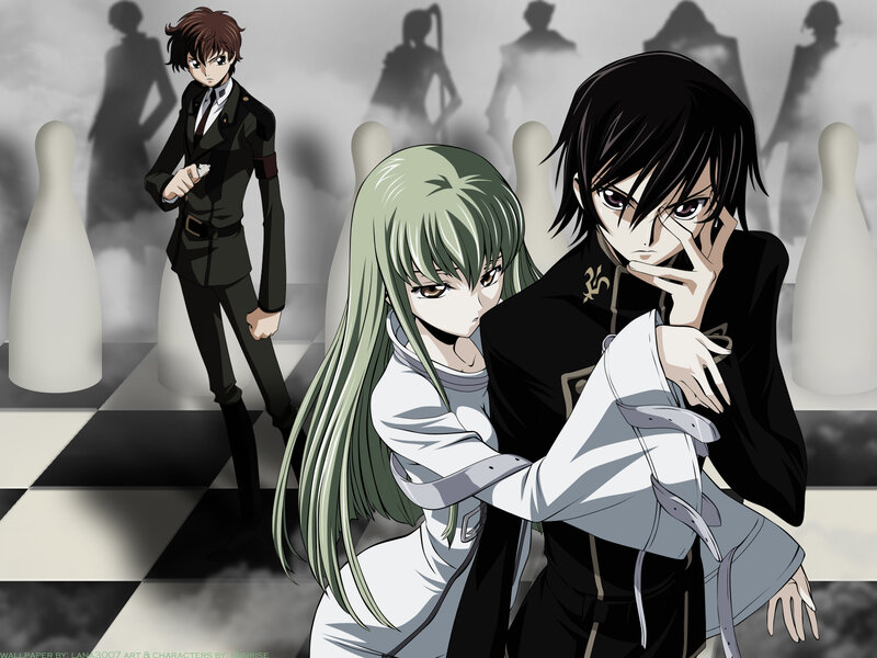 Three Anime Characters — Black, Dramatic, Chessboard