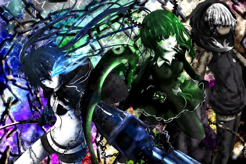 Three Anime Characters — Black, Dramatic, Digital Art, Chains