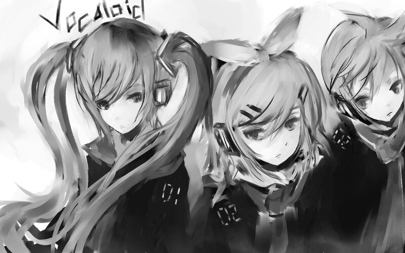 Three Anime Characters — Black, Dramatic, Digital Art, Headphones