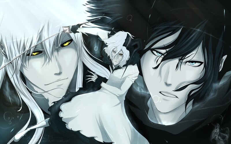 Three Anime Characters — Black, Dramatic, Digital Art, Sword