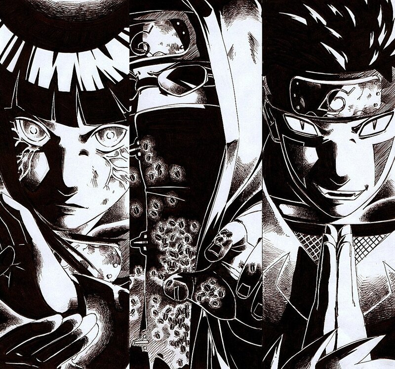 Three Anime Characters — Black, Dramatic, Manga, Anime Art, Black and White