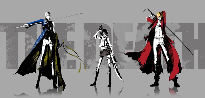 Three Anime Characters — Black, Dramatic, Manga, Swords, Cloaks