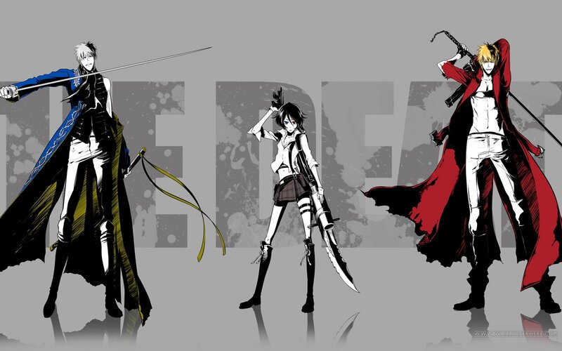 Three Anime Characters — Black, Dramatic, Manga, Swords, Weapons