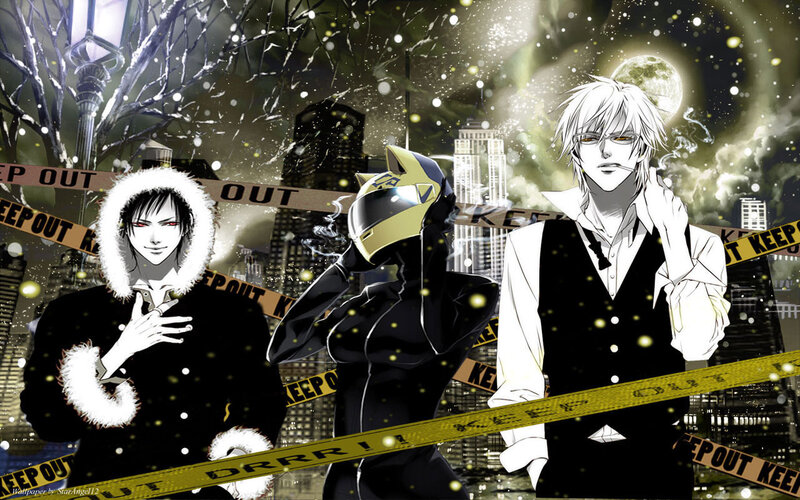 Three Anime Characters — Black, Dramatic, Night, Cityscape