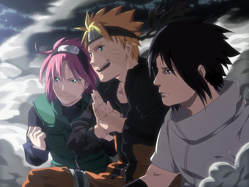 Three Anime Characters — Black, Dramatic, Night, Clouds