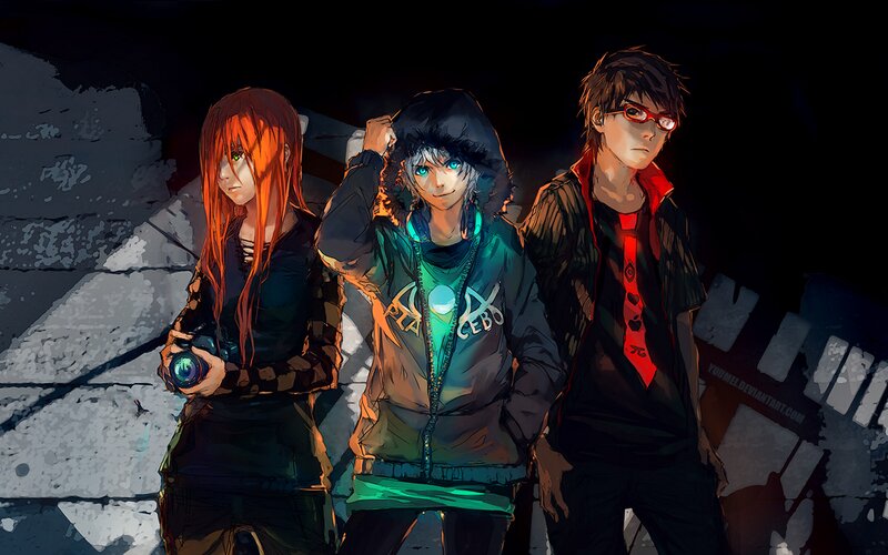 Three Anime Characters — Black, Dramatic, Night, Digital Art, Camera, Hoodie
