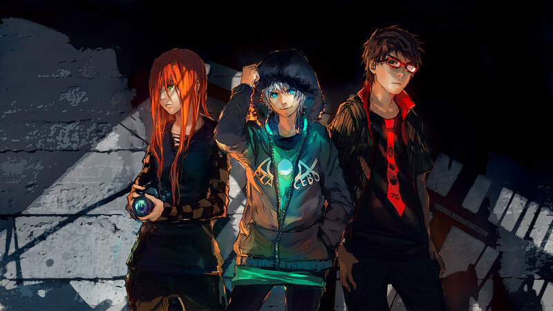 Three Anime Characters — Black, Dramatic, Night, Digital Art, Camera