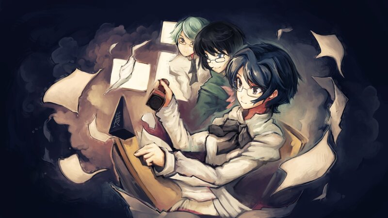 Three Anime Characters — Black, Dramatic, Night, Digital Art, Glasses
