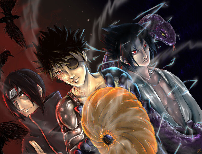 Three Anime Characters — Black, Dramatic, Night, Digital Art, Snake