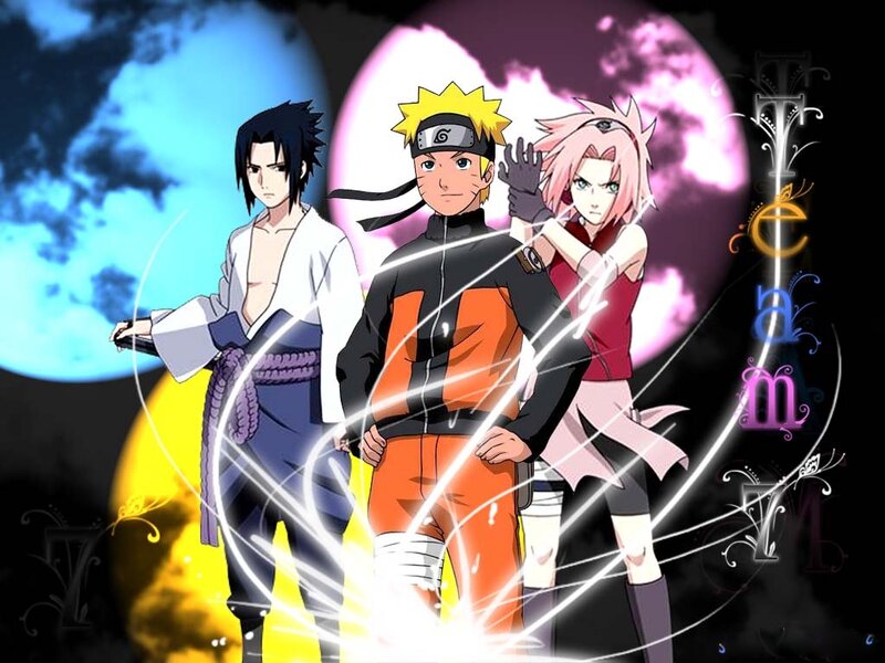 Three Anime Characters — Black, Dramatic, Night, Moon, Energy Lines