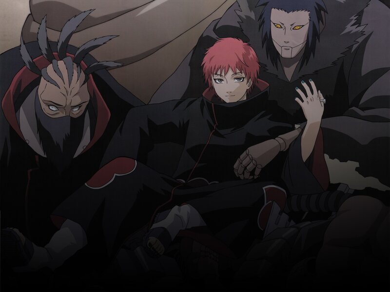 Three Anime Characters — Black, Dramatic, Red Hair, Black Cloaks