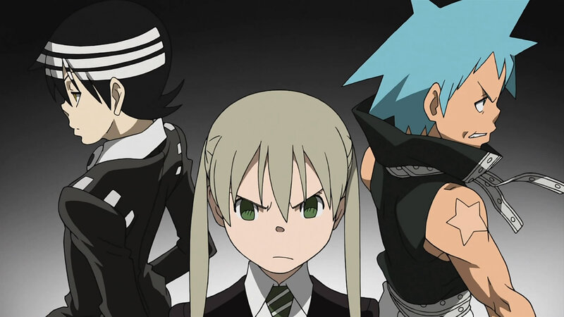 Three Anime Characters — Black, Dramatic, School Uniform, Blue Hair, Star Tattoo