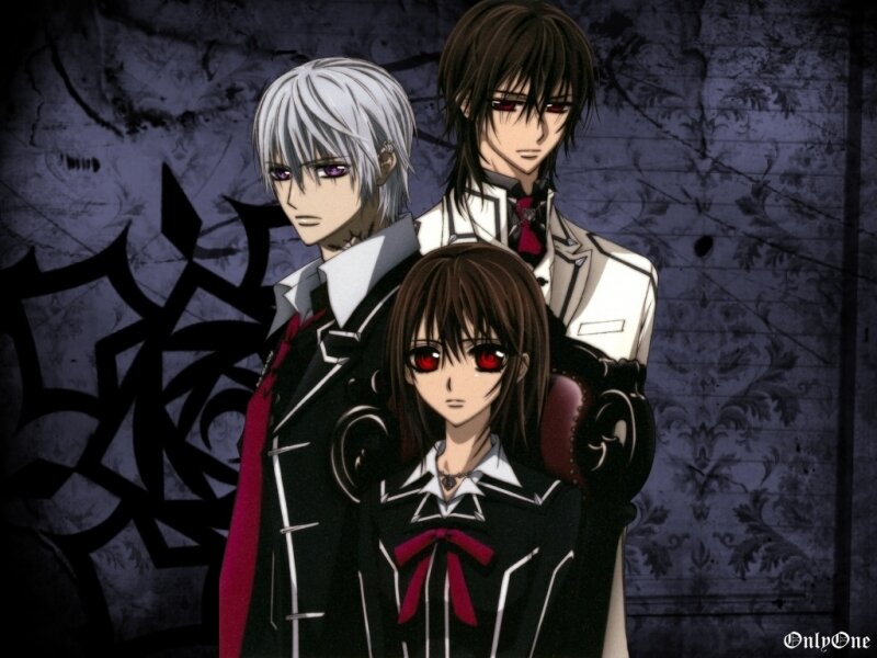 Three Anime Characters — Black, Dramatic, School Uniform, Red Eyes