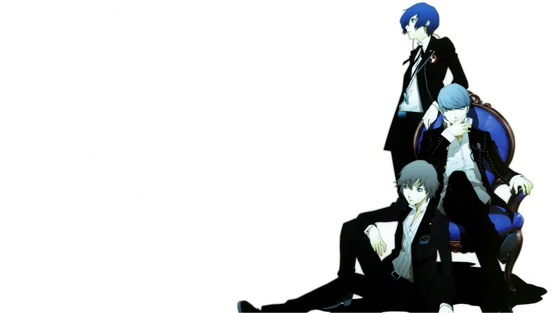 Three Anime Characters — Black, Dramatic, Suits, Blue Chair