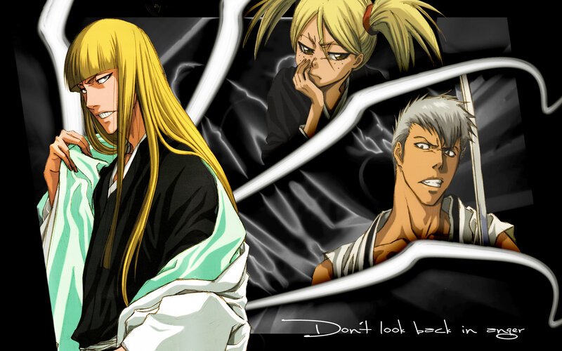Three Anime Characters — Black, Dramatic, Swords, Black Background