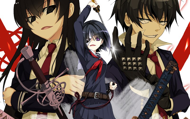 Three Anime Characters — Black, Dramatic, Swords, School Uniforms, Smoke