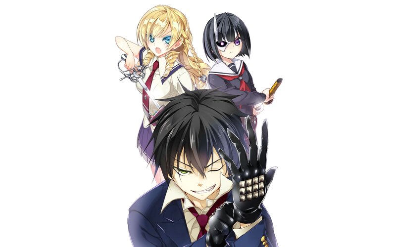 Three Anime Characters — Black, Dramatic, Swords, School Uniforms