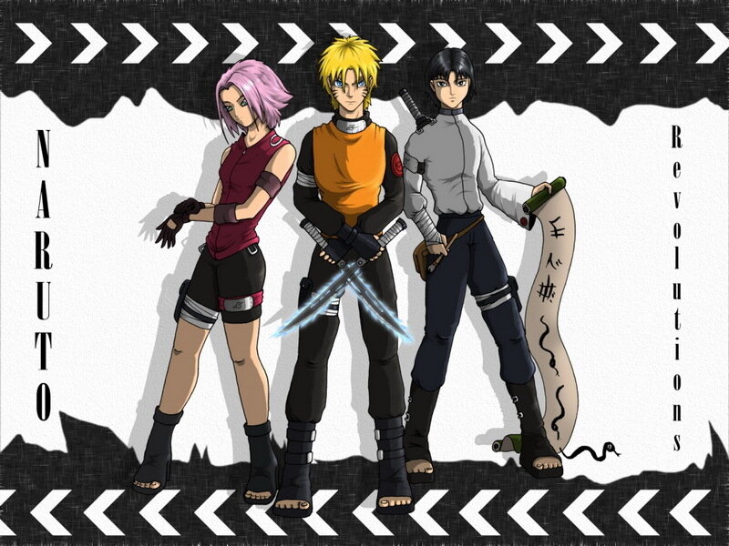 Three Anime Characters — Black, Dramatic, Swords, Scroll