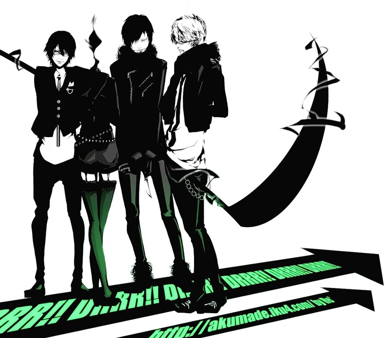 Three Anime Characters — Black, Dramatic, Swords, Text