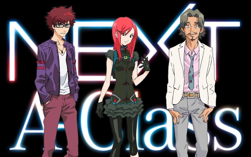 Three Anime Characters — Black, Dramatic, Text, Glasses, Red Hair