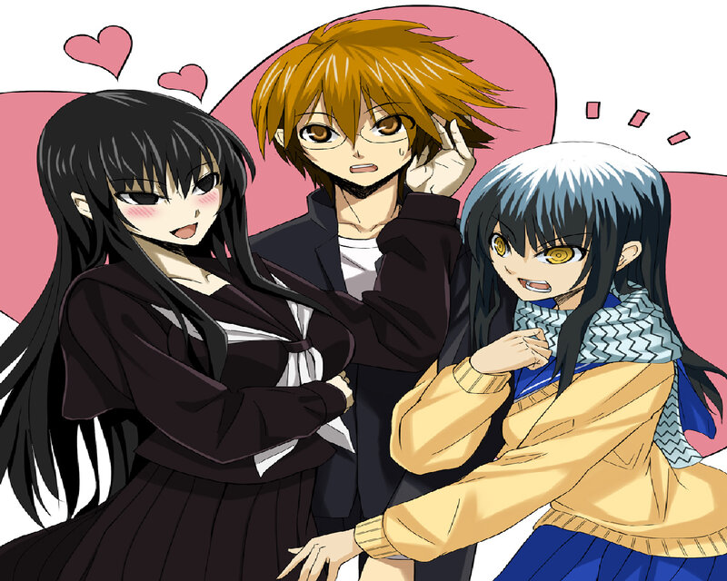 Three Anime Characters — Black, Playful, Heart Shapes