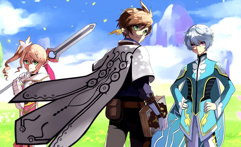 Three Anime Characters — Blue, Adventurous, Afternoon, Sword