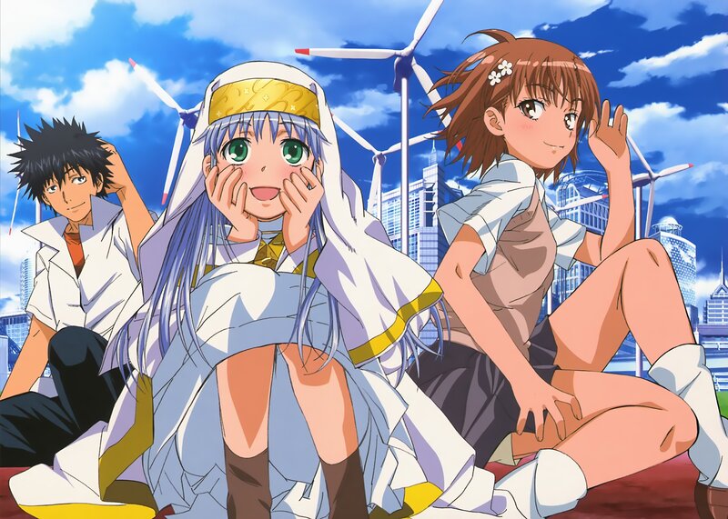 Three Anime Characters — Blue, Bright, Afternoon, Wind Turbines