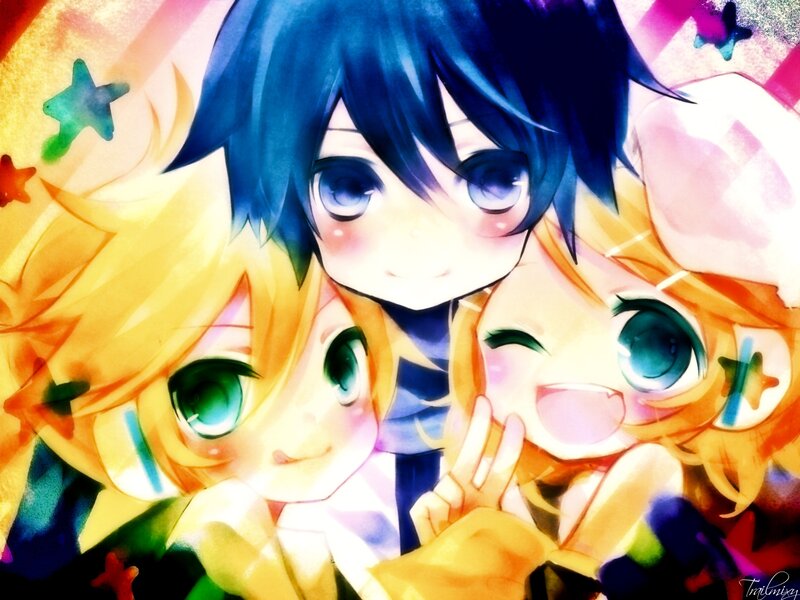Three Anime Characters — Blue, Cheerful, Digital Art