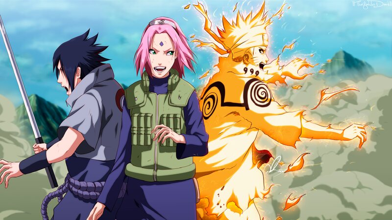 Three Anime Characters — Blue, Dramatic, Afternoon, Sword, Flame