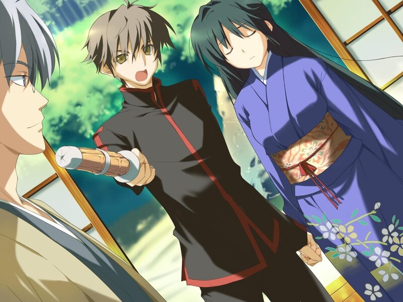 Three Anime Characters — Blue, Dramatic, Afternoon, Sword, Kimono