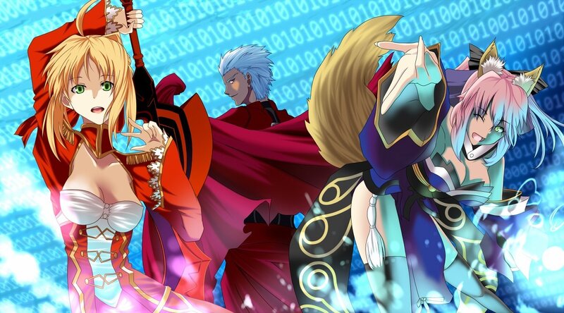 Three Anime Characters — Blue, Dramatic, Binary Code
