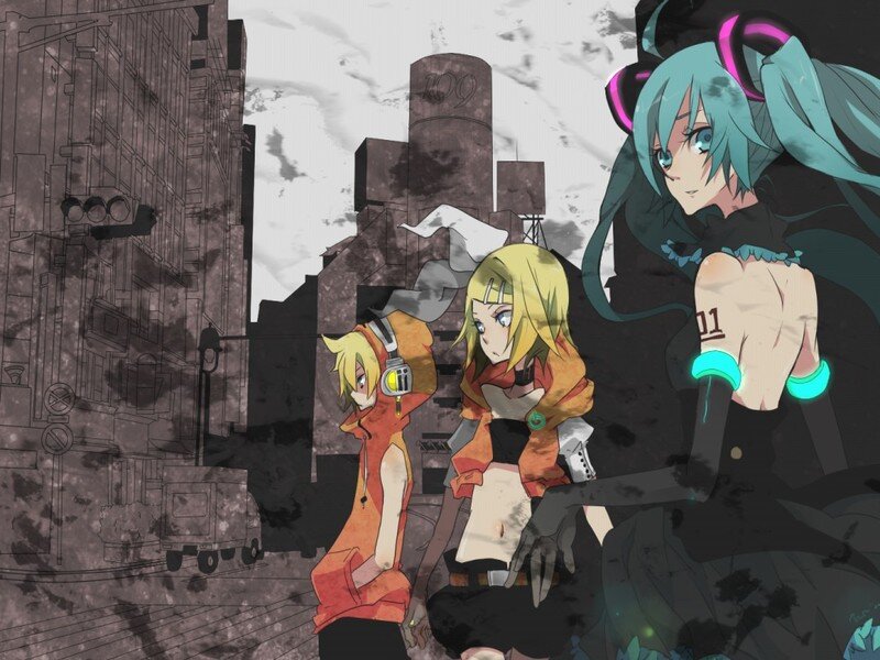 Three Anime Characters — Blue, Dramatic, Cityscape