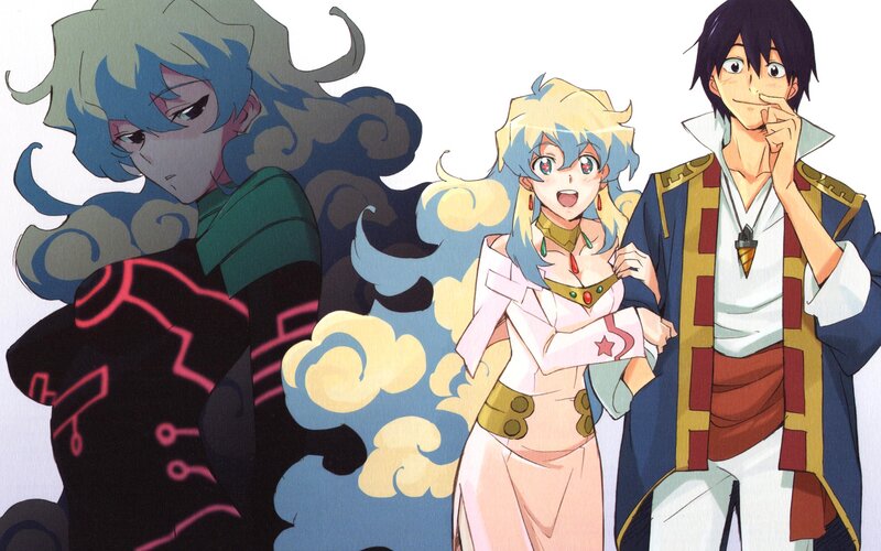 Three Anime Characters — Blue, Dramatic, Clouds, Costumes, Jewelry